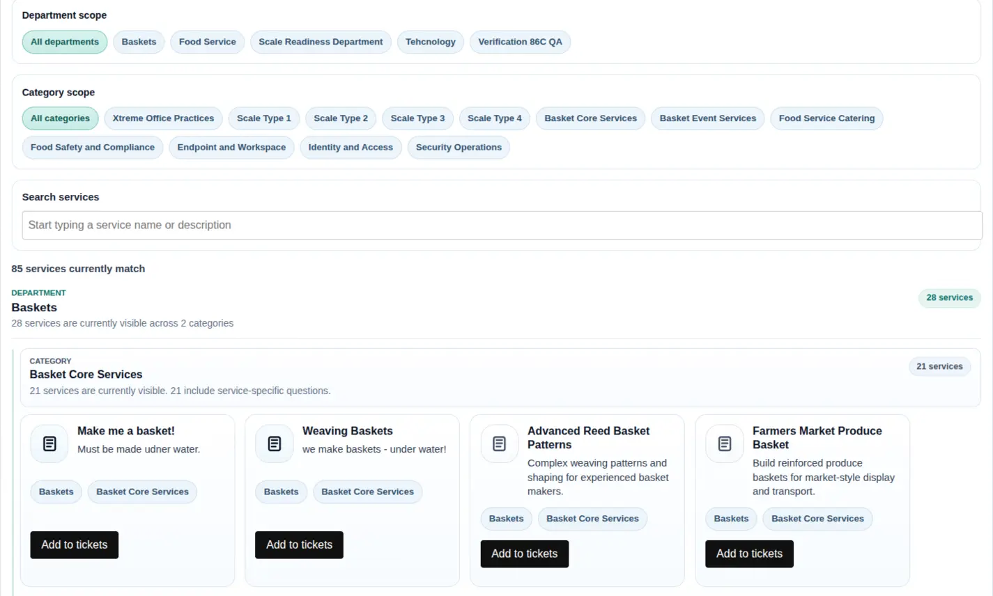 BareBones Ticketing service catalog showing scoped service intake