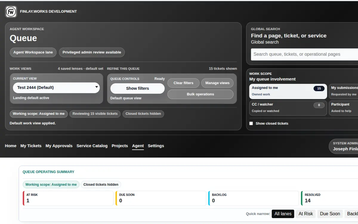 BareBones Ticketing agent queue showing saved work views, work scope, and lane signals.