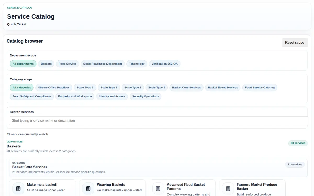 BareBones Ticketing service catalog showing department filters, category filters, and service cards.
