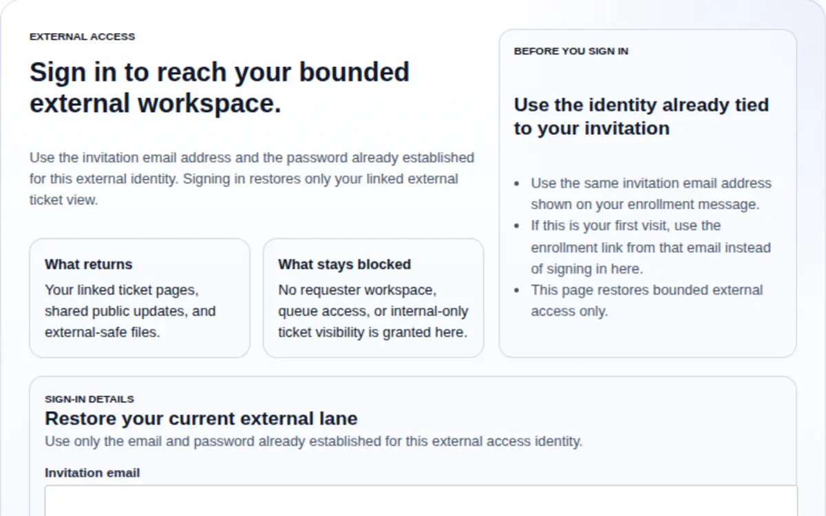 BareBones Ticketing external access workspace showing linked tickets and bounded external participation guidance.