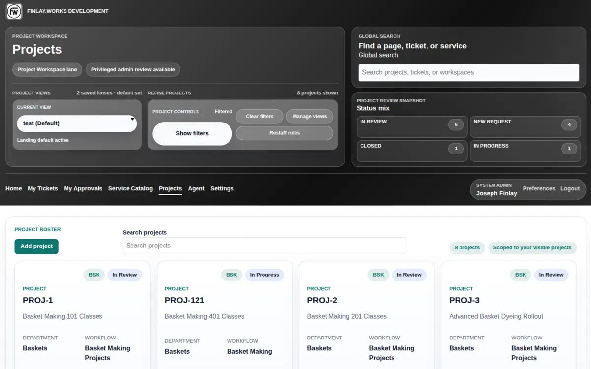BareBones Ticketing project workspace showing project cards with workflow state and linked work counts.