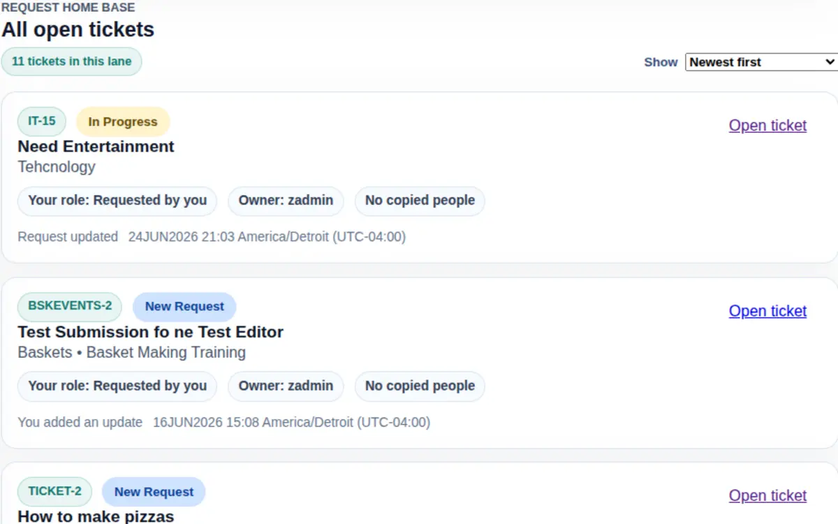 BareBones Ticketing requester workspace showing open ticket status, requester role chips, and ticket links.
